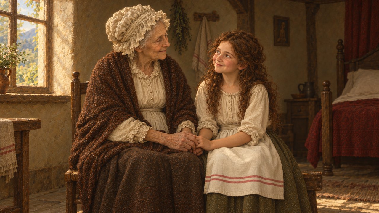Little Red Cap and her grandmother in a warmly lit room.